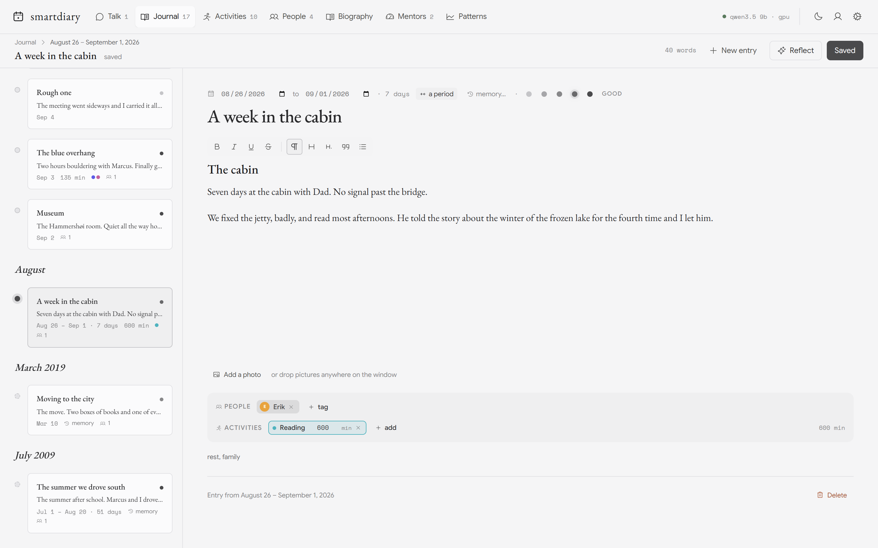 One timeline, and a page that fills the width of the pane.