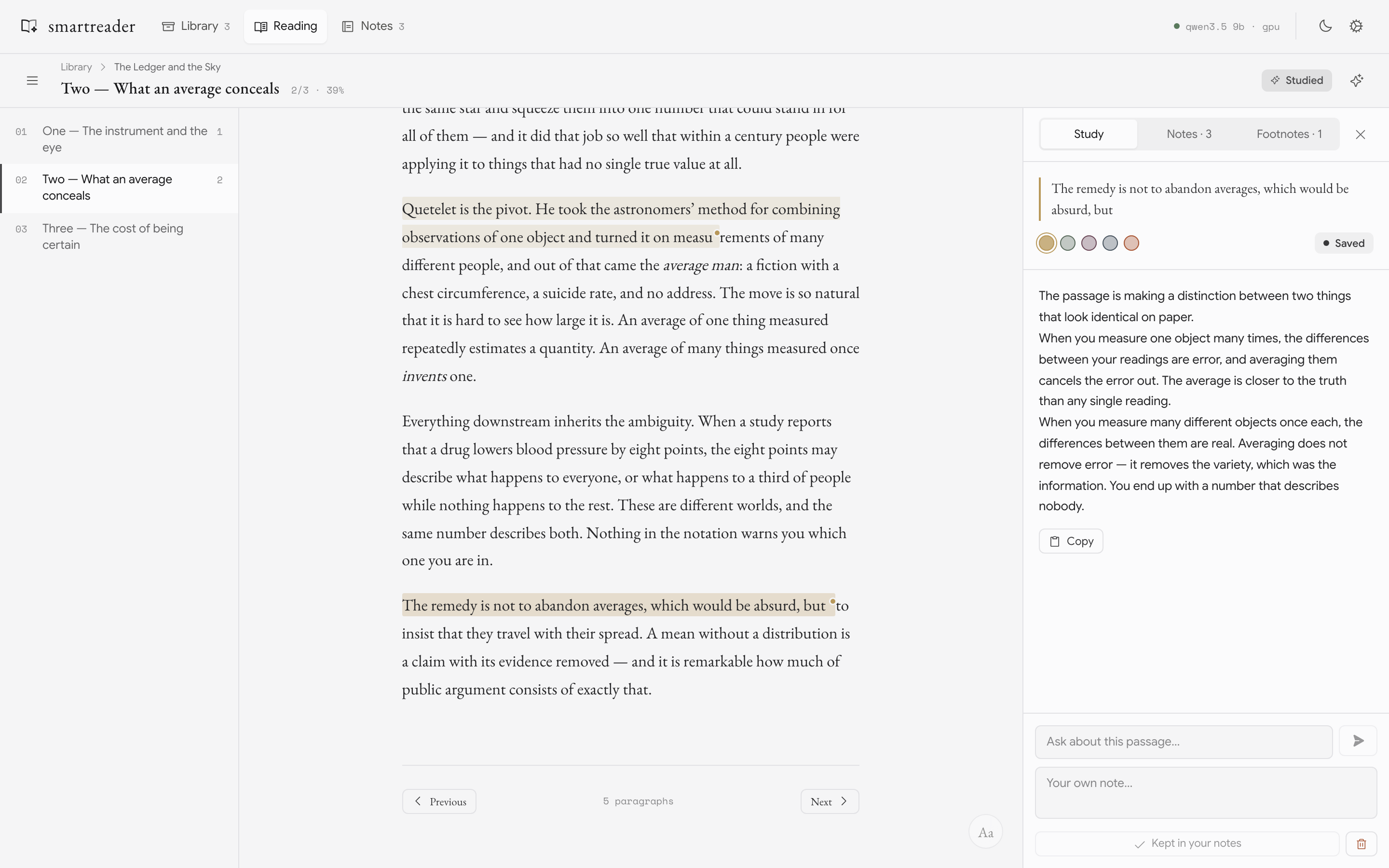 smartreader explaining a highlighted passage in its study panel