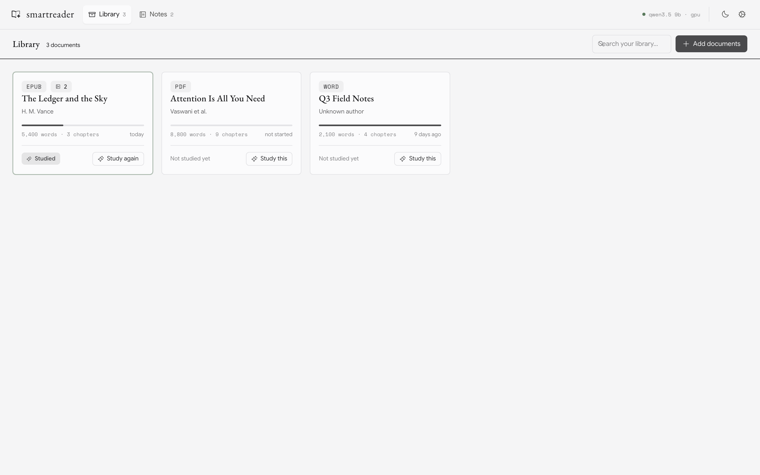 The shelf — import a file, or drop a folder's worth on the window.