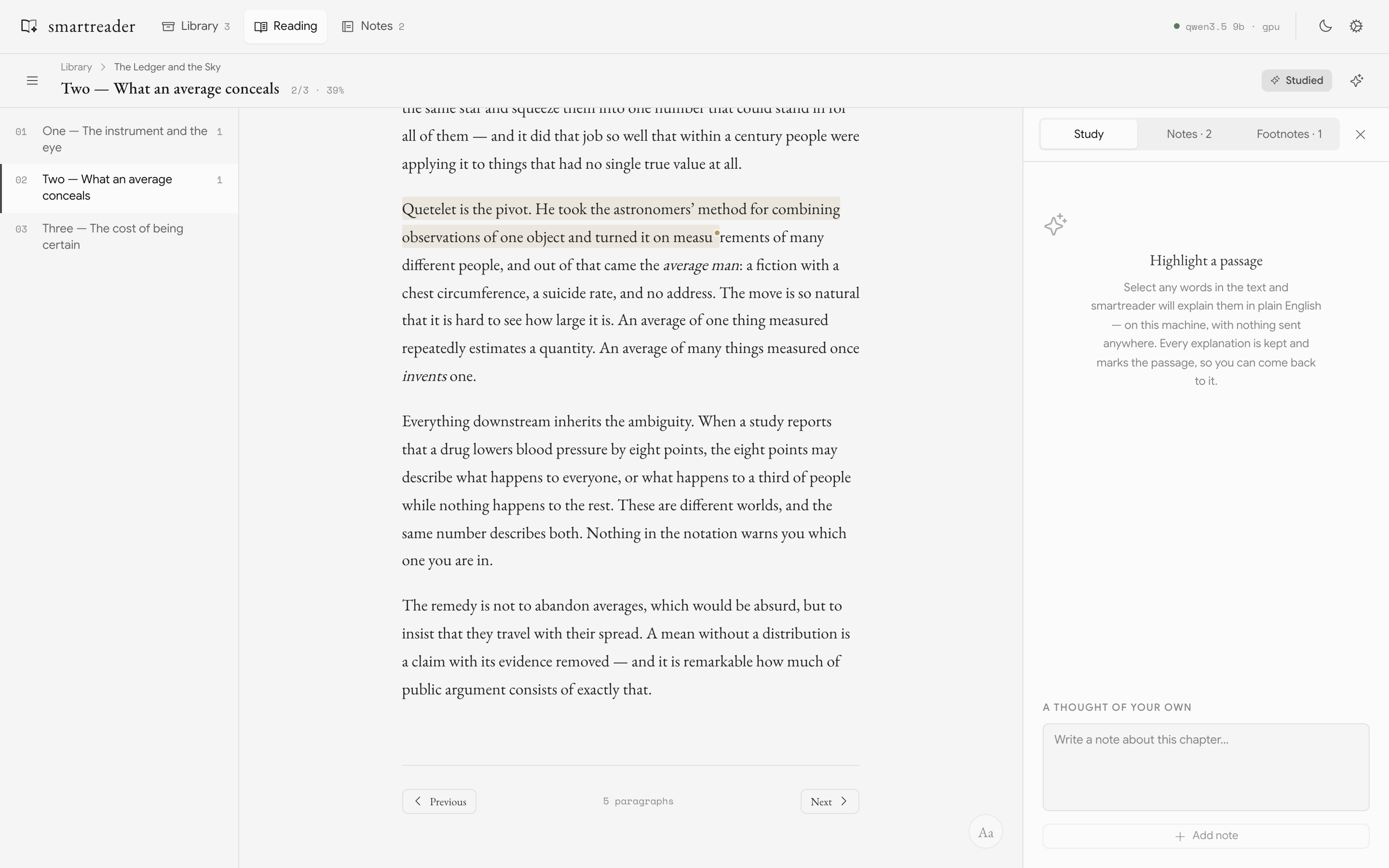 Reading, with the chapter list on the left and the study panel on the right.
