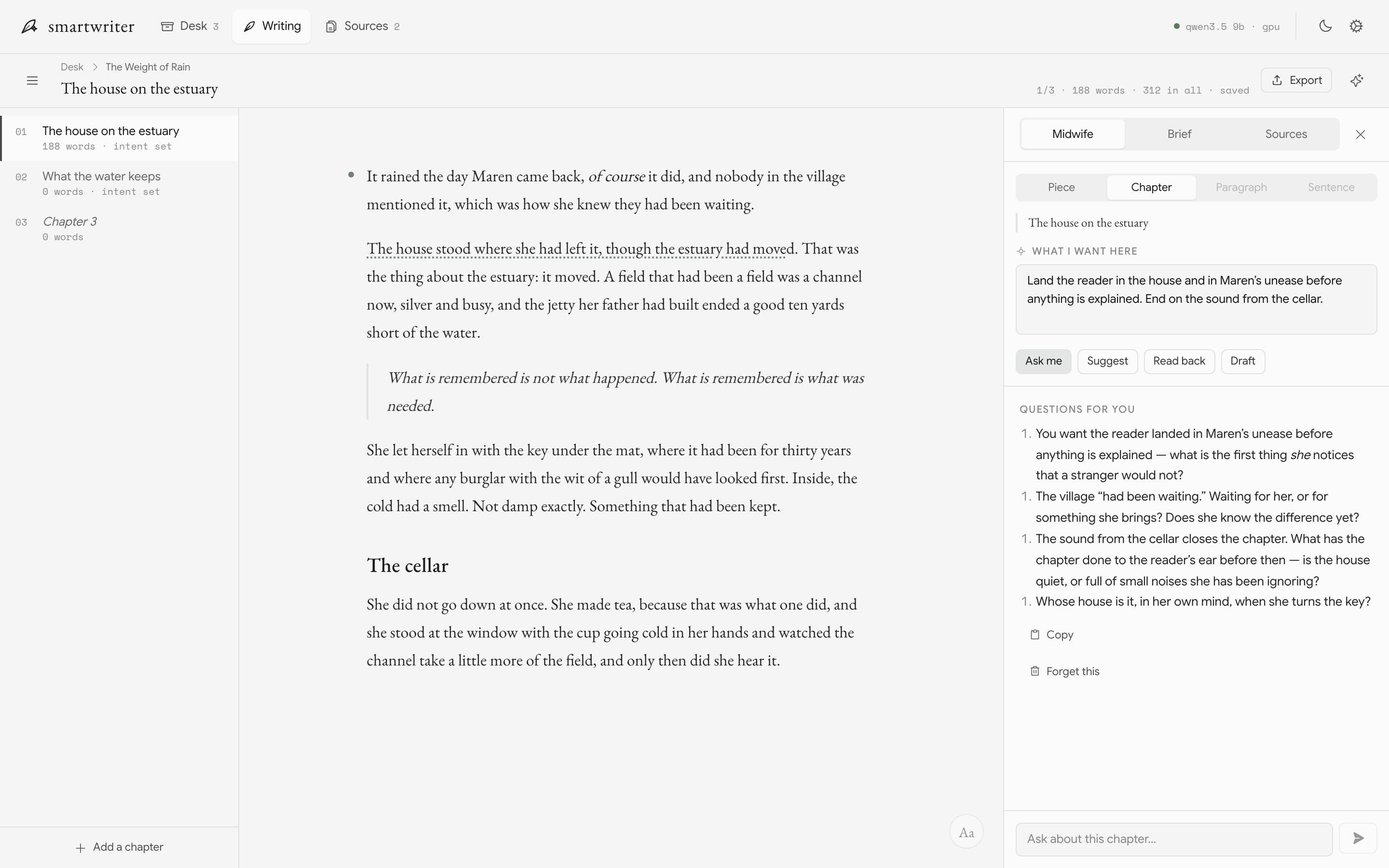 The page, the chapter list, and the midwife panel at paragraph level.